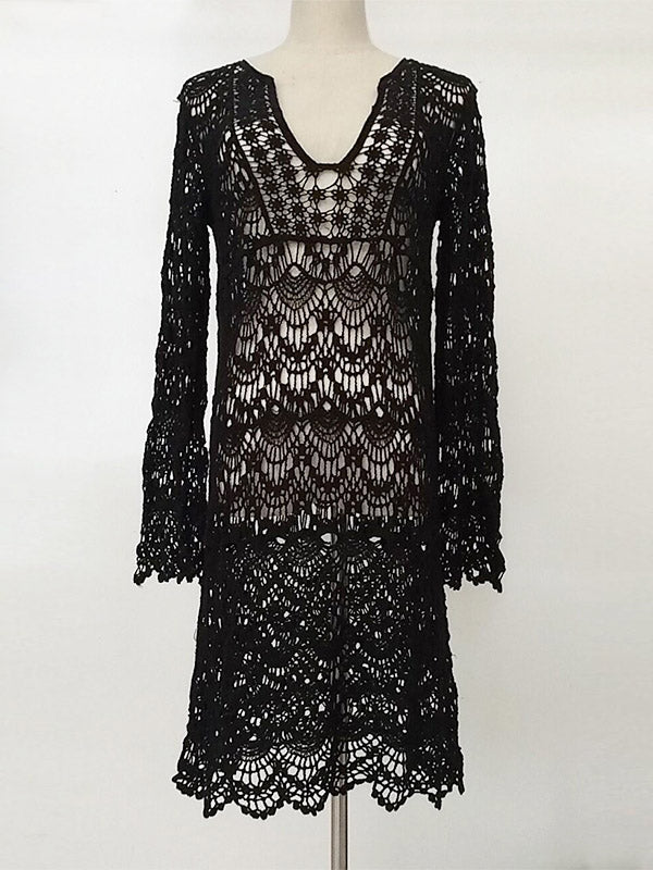 Hollow Lace Deep V-Neck Cover-Ups Tops Mini Dress