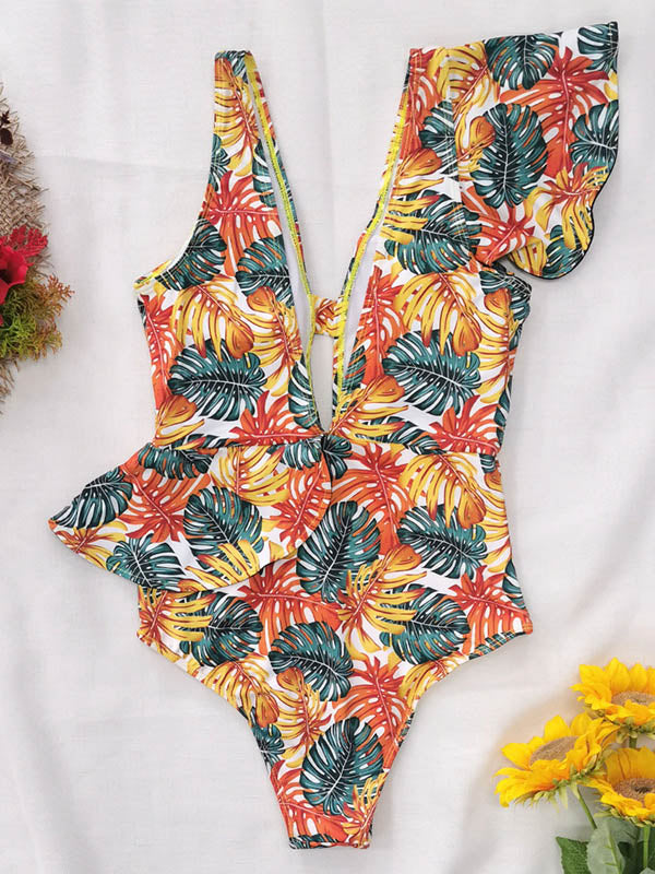 Ruffled Floral V-Neck One-Piece Swimwear