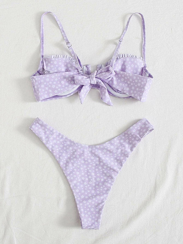 Bikini-Badeanzug mit Blumenmuster, Rüschen, Bügel und Schlitz 