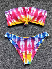 Tie-Dyed Printed Bandeau Split Bikini Swimsuit