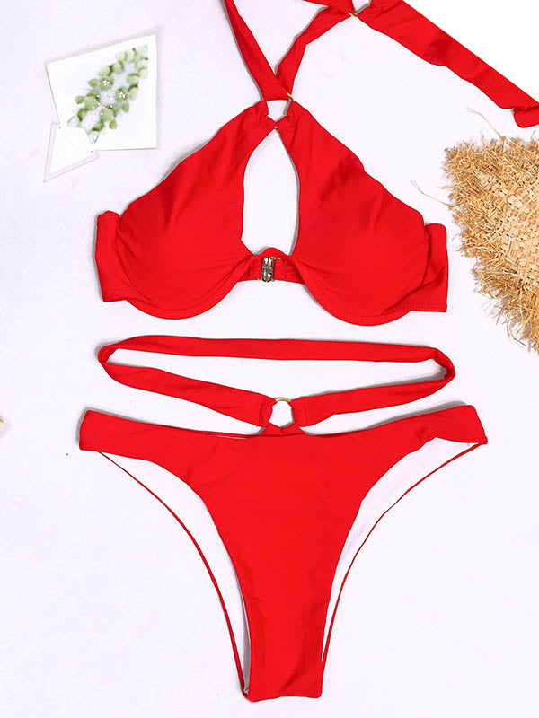 Solid Color Sexy Bandage Hollow  Split Bikini Swimsuit