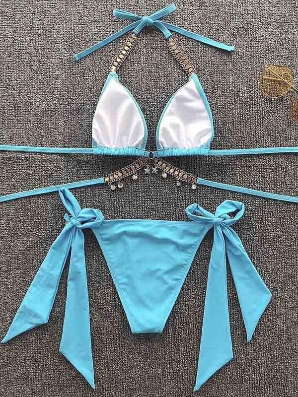 Gorgeous Embellished Bandage Triangles Split Bikini Swimsuit