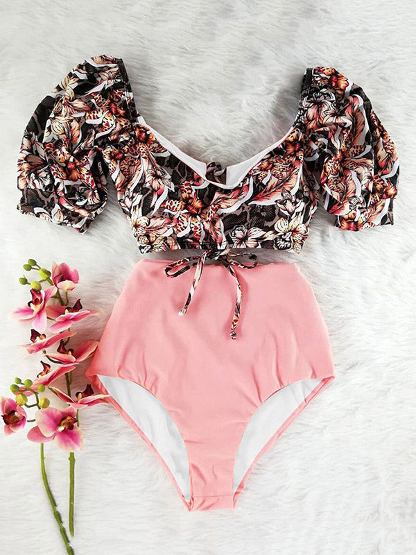 Long-Sleeves Floral Print Bikini Swimsuit