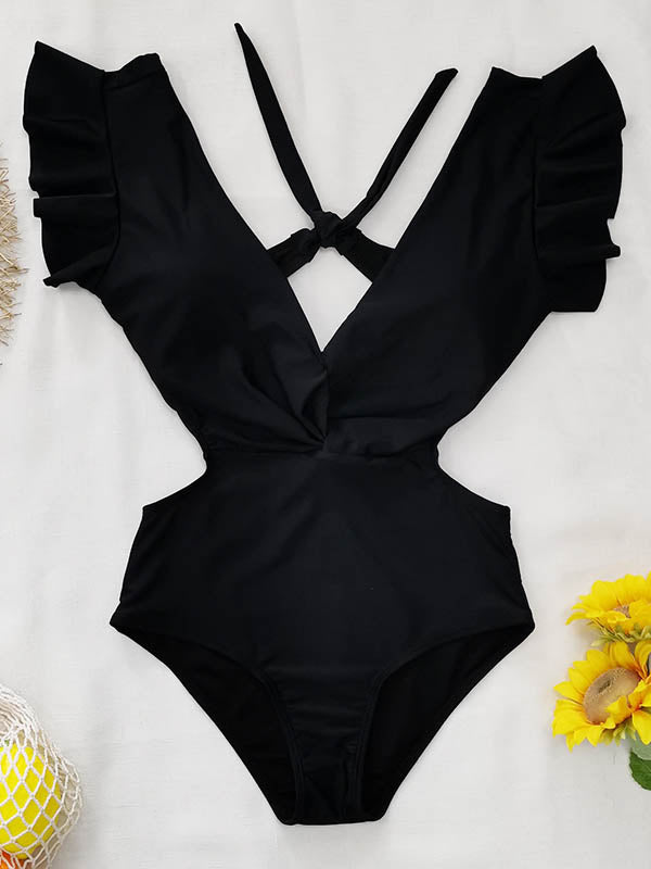 Solid Color Ruffled V-Neck One-Piece Swimsuit