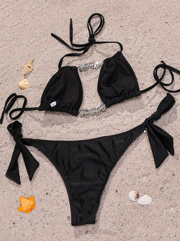 Solid Color Gorgeous Embellished Hollow Bandage Split Bikini Swimsuit