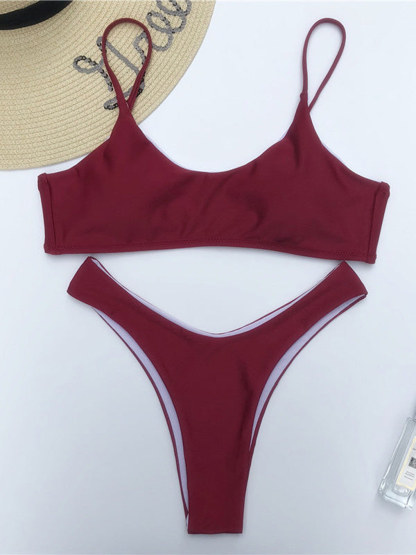 Solid Round-Neck Plunge Top With Hipster Bikini Set