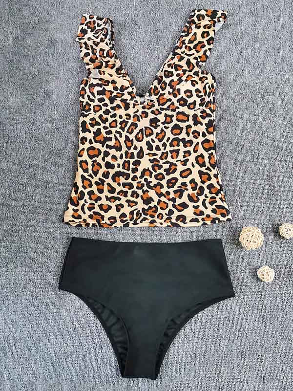 Leopard Falbala Tankini Wetsuit Swimwear