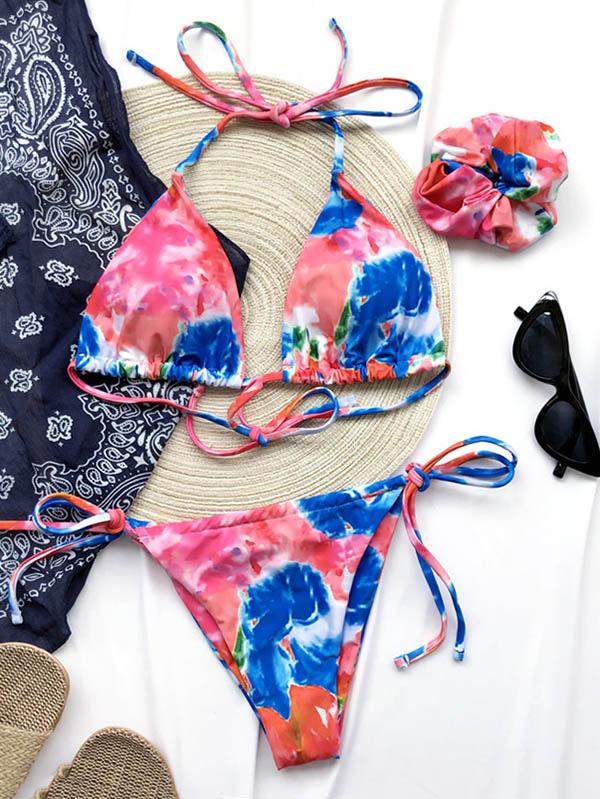 Tie-Dyed Printed Halterneck Split Bikini Swimsuit +Hair Ring