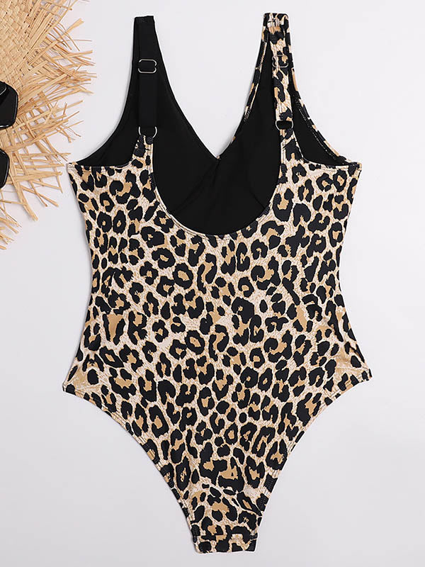 Asymmetric Split-Joint Leopard Print Backless One-Piece Swimwear