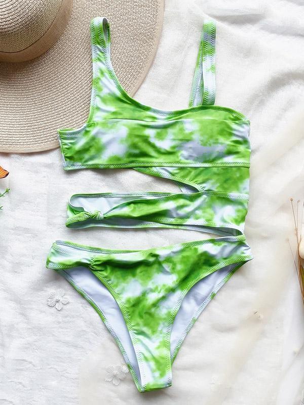 Tie-Dyed Gradient Printed Asymmetric Hollow One-Piece Swimwear