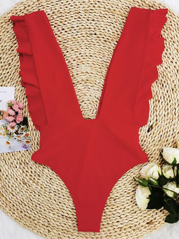 Ruffled Deep-V Neck One-Piece Swimwear