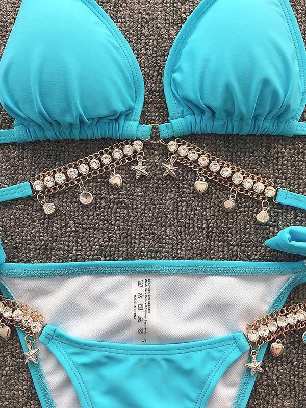 Gorgeous Embellished Bandage Triangles Split Bikini Swimsuit