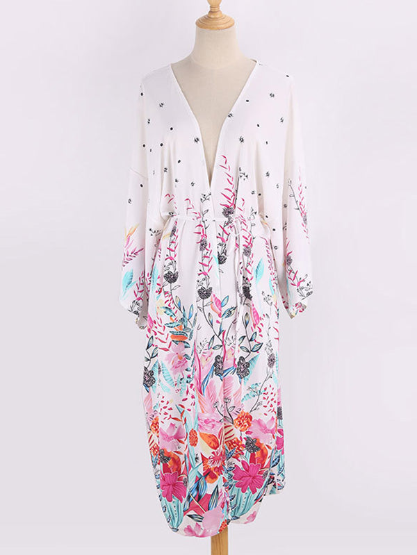 Floral-Print Long Sleeved Tunicshang Cover-Ups Tops