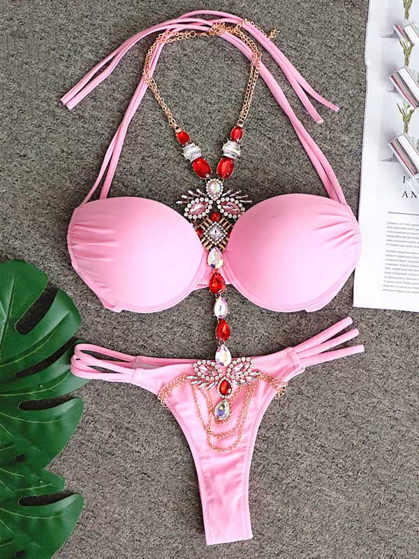 Gorgeous Embellished Halterneck Underwired Brazilian Bikini Swimwear