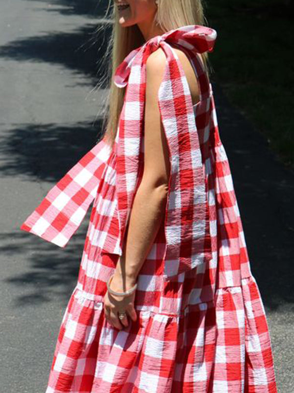 A-Line Loose Plaid Split-Joint Tied Square-Neck Maxi Dresses