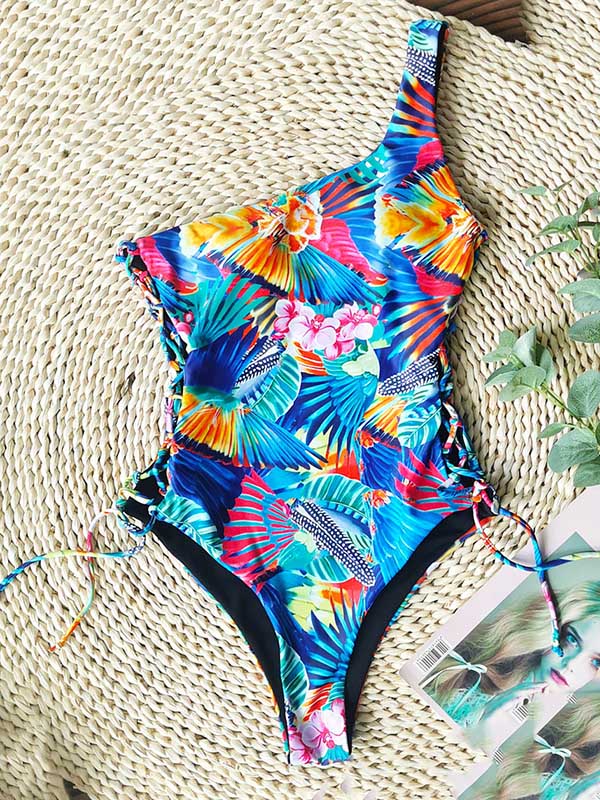 One-Shoulder Floral-Print Bandage One-Piece Swimwear