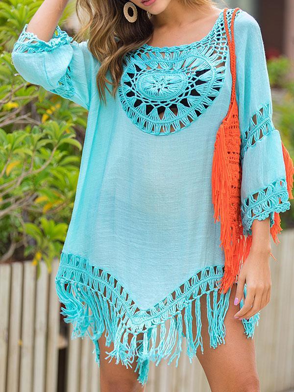 Crochetgo Split-Joint Tasseled Hollow 3/4 Sleeve  Cover-Ups Tops