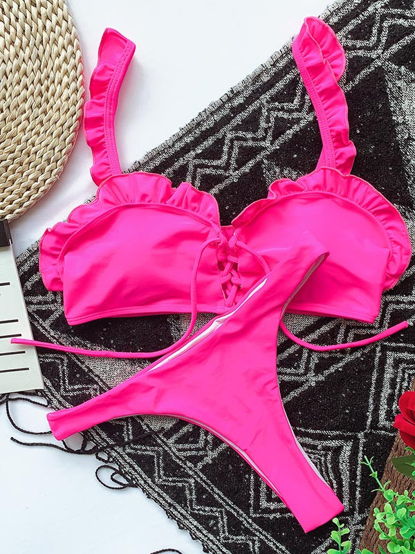 Solid Color Falbala Lace-Up Bikini Swimsuit