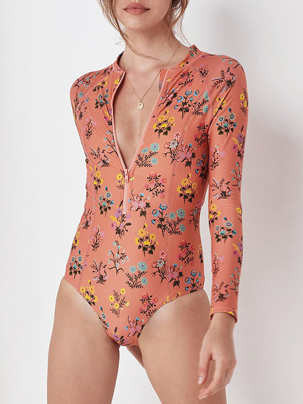 Floral Printed Long Sleeves One Piece Wetsuit