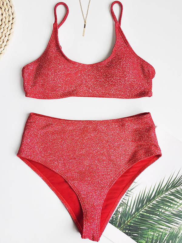 Shining Solid Color Spaghetti-Neck U-Neck Split Bikini Swimsuit