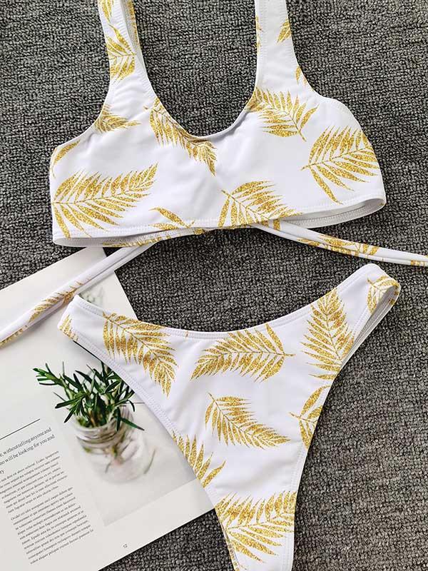 Floral-Print Shiny Hollow Split Bikini Swimsuit