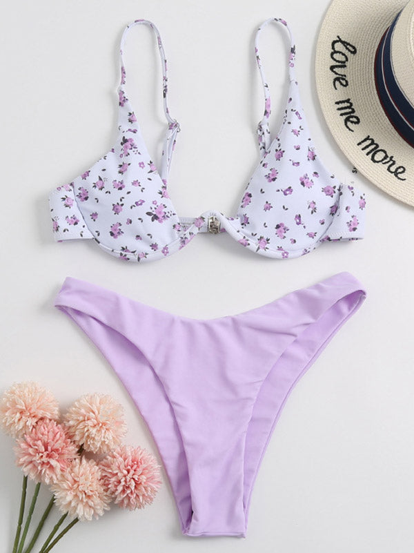 Floral-Print Underwired Spaghetti-Neck Split Bikini Swimsuit