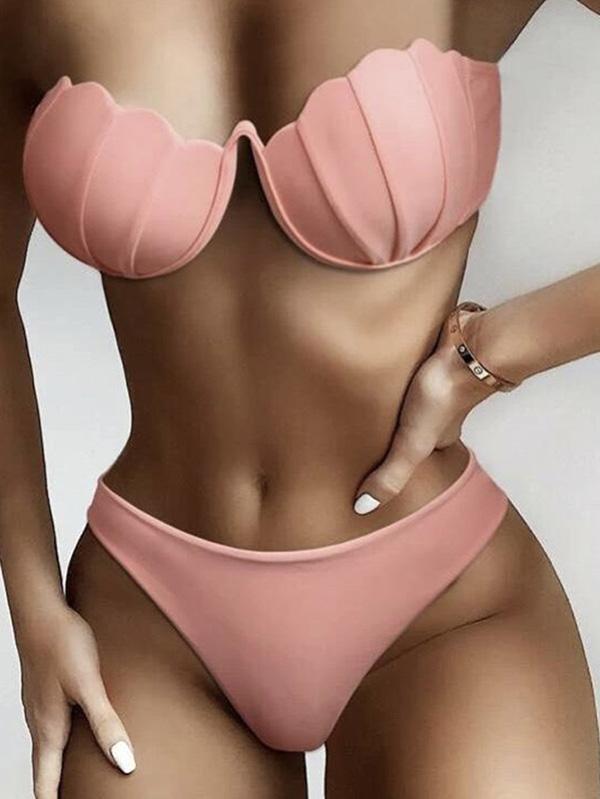 Solid Color Shell Shape Bandeau Split Bikini Swimsuit