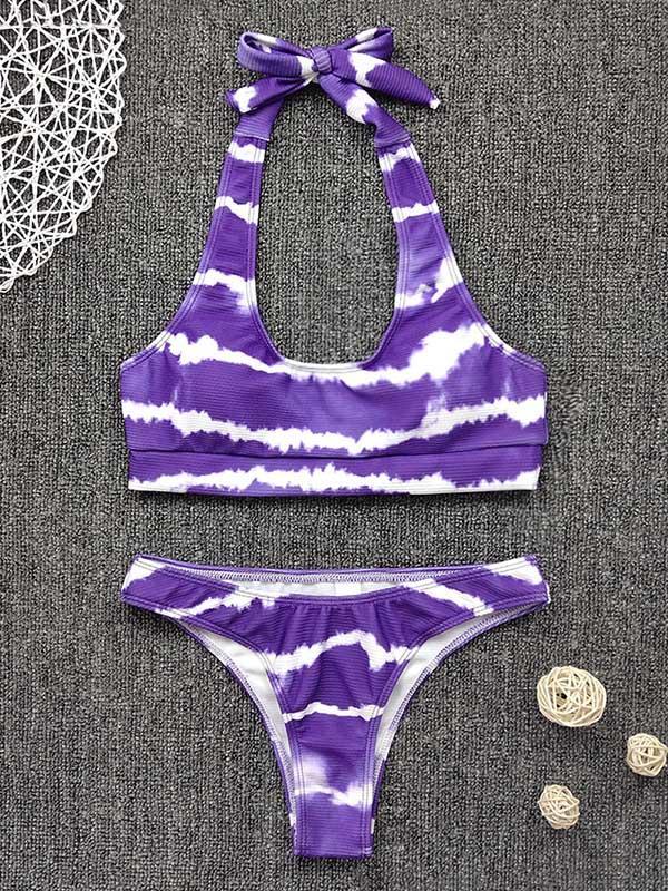 Tie-Dyed Abstract Printed Halterneck Knotted Split Bikini Swimsuit