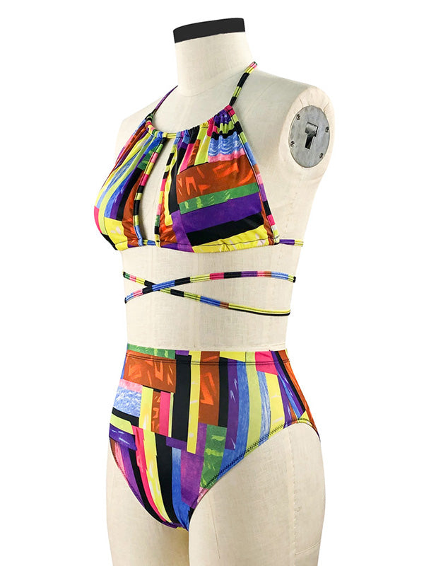 Colorful Printed Bandage Hollow Split Bikini Swimsuit