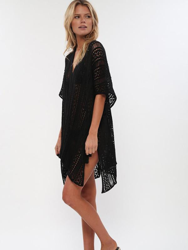 Loose Hollow Vacation Half Sleeve V Neck Beach Cover-Ups