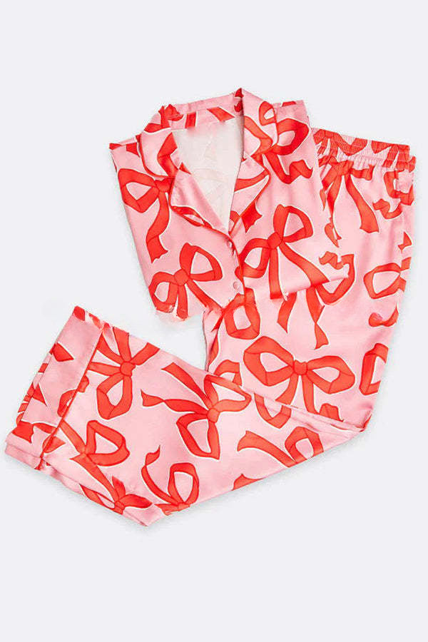 Give You A Surprise Gift Bow Printed Elastic Waist Pocketed Pajama Set