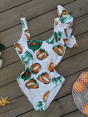 Ruffled Floral One Shoulder-Ruffled One-Piece Swimwear