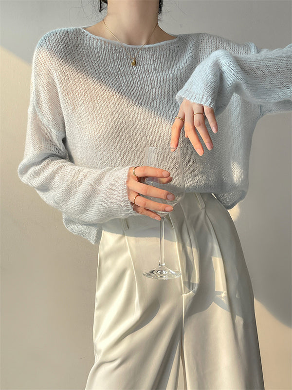 Gentle Mohair Knitted Loose Long Sleeves Solid Color Thin Sweater Tops