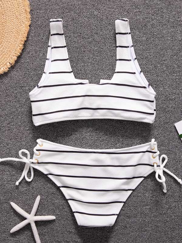 Striped U-Neck Bandage Split Bikini Swimsuit