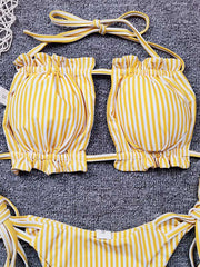 Striped Pleated Backless Bandeau Tie Side Bikini Swimwear