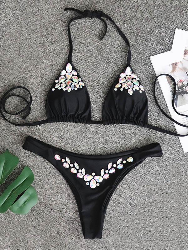 Sexy Gorgeous Embellished Triangles Split Bikini Swimsuit