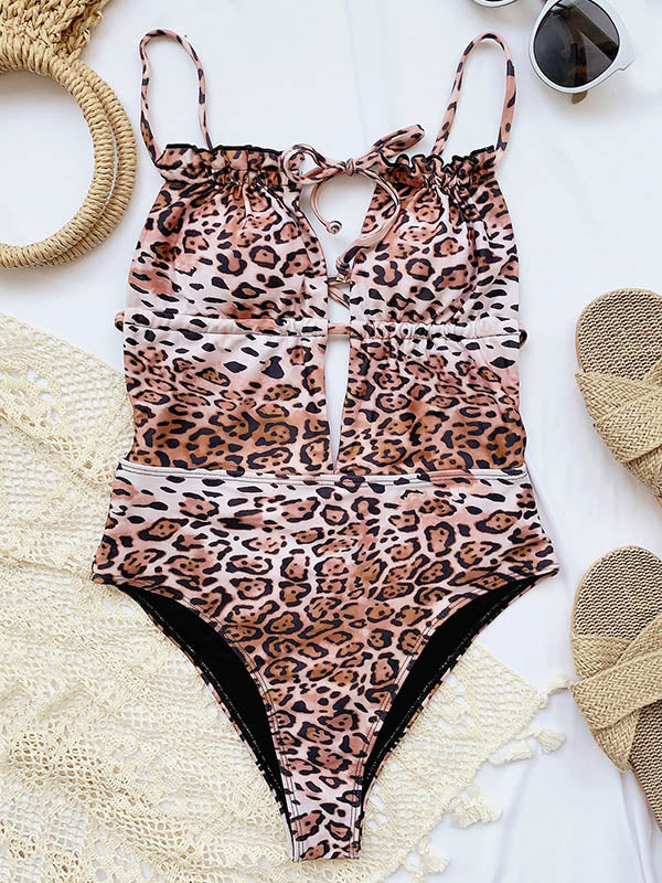 Sexy Leopard Print Lace-Up One-Piece Swimwear