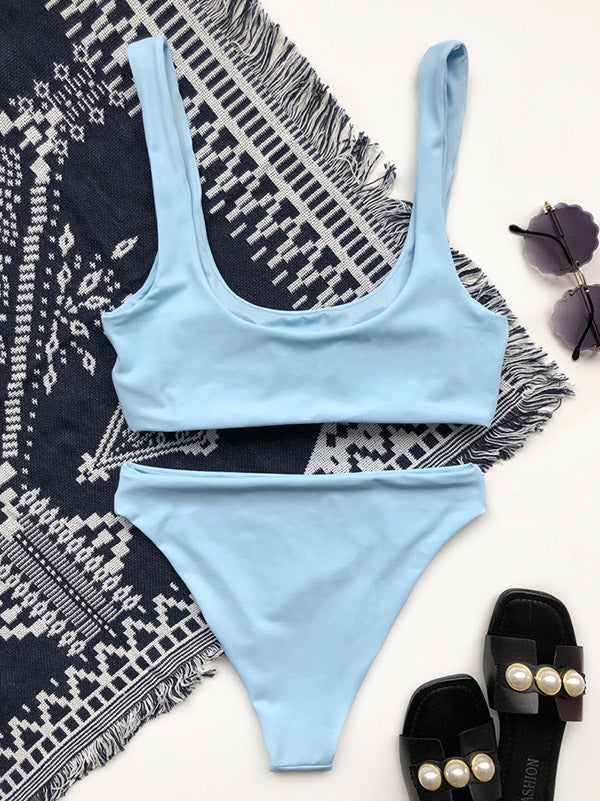 Solid Color Concise Square-Neck Split Bikini Swimsuit