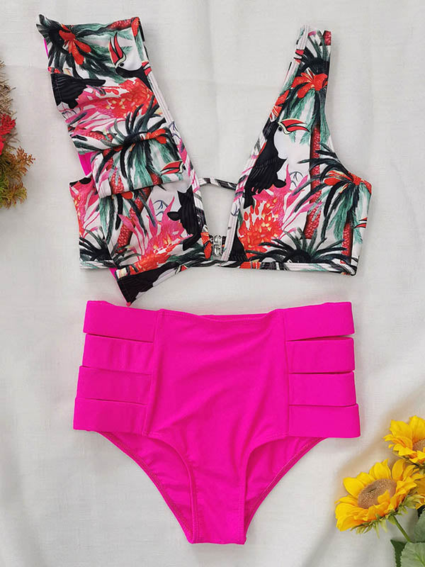 Floral Falbala Asymmetric Bikini Swimsuit