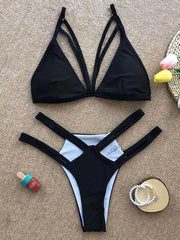 Solid Color Bandage Hollow Bikini Swimsuit