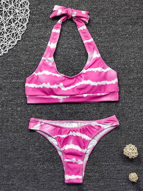 Tie-Dyed Abstract Printed Halterneck Knotted Split Bikini Swimsuit