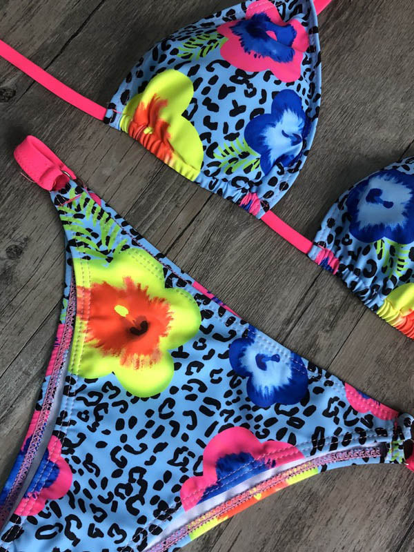 Floral Printed Triangles Bandage Split Bikini Swimsuit