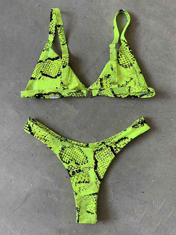 Snake-Print Triangles Split Bikini Swimsuit