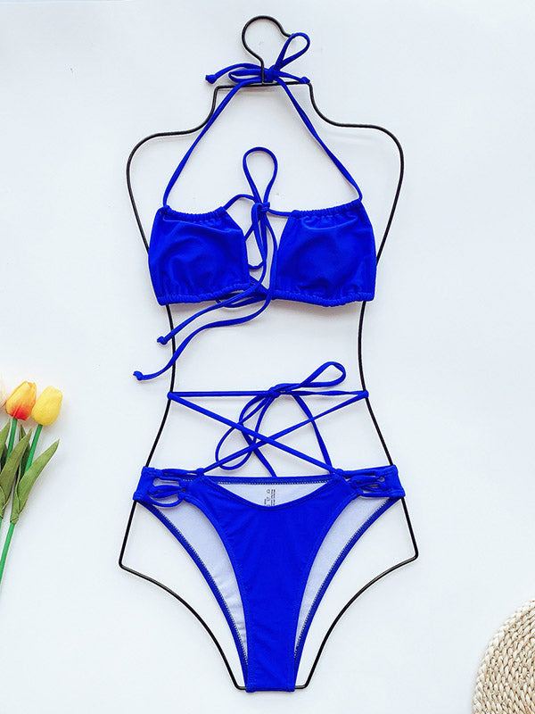 Sexy Bandage Hollow Split Bikini Swimsuit