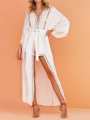 Solid Color Lace Split-Joint Long Sleeve Tunicshang Cover-Ups