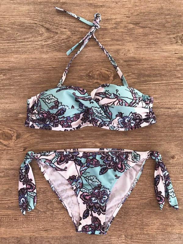 Bandeau-Bikini-Badeanzug mit Blumenmuster und Knoten 