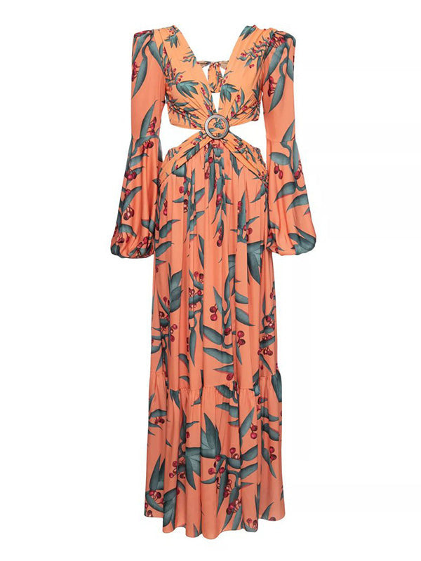 Floral-Print Bandage Puff Sleeves Asymmetric Bohemian Maxi Dress