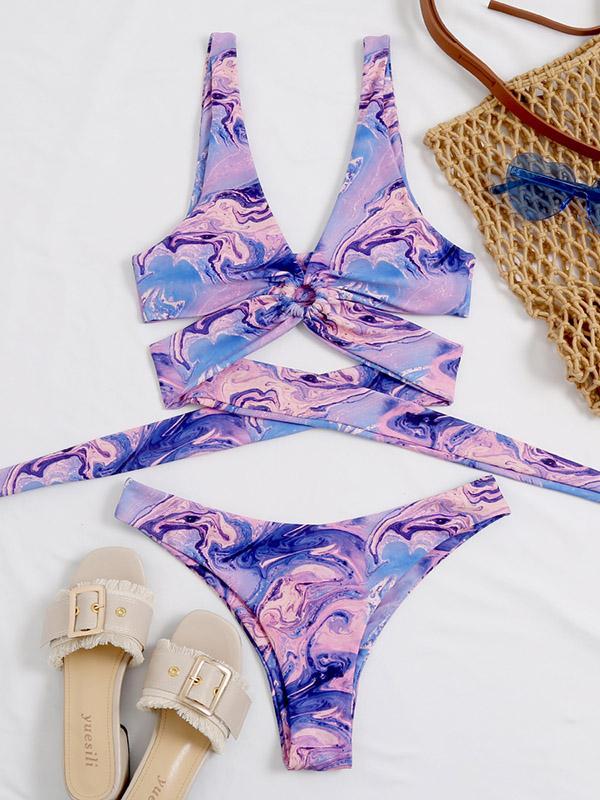 Tie-Dyed Gradient Printed Bandage Split Bikini Swimsuit