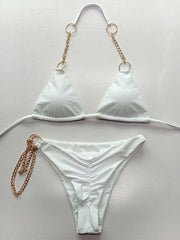 Sexy Chain Gorgeous Embellished Triangles Halterneck  Bikini Swimsuit