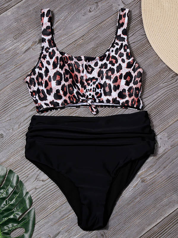 Floral-Print Color-Block Vest Split Bikini Swimsuit